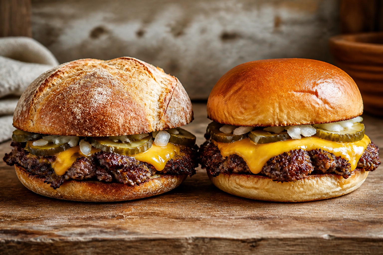 Deux smash burgers comparant pain artisanal et potato bun